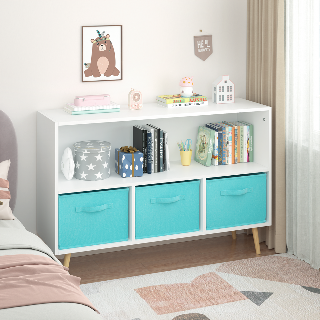 Kids bookcase with Collapsible Fabric Drawers, Children's Book Display, Toy Storage Cabinet Organizer, White/Blue | Premium H