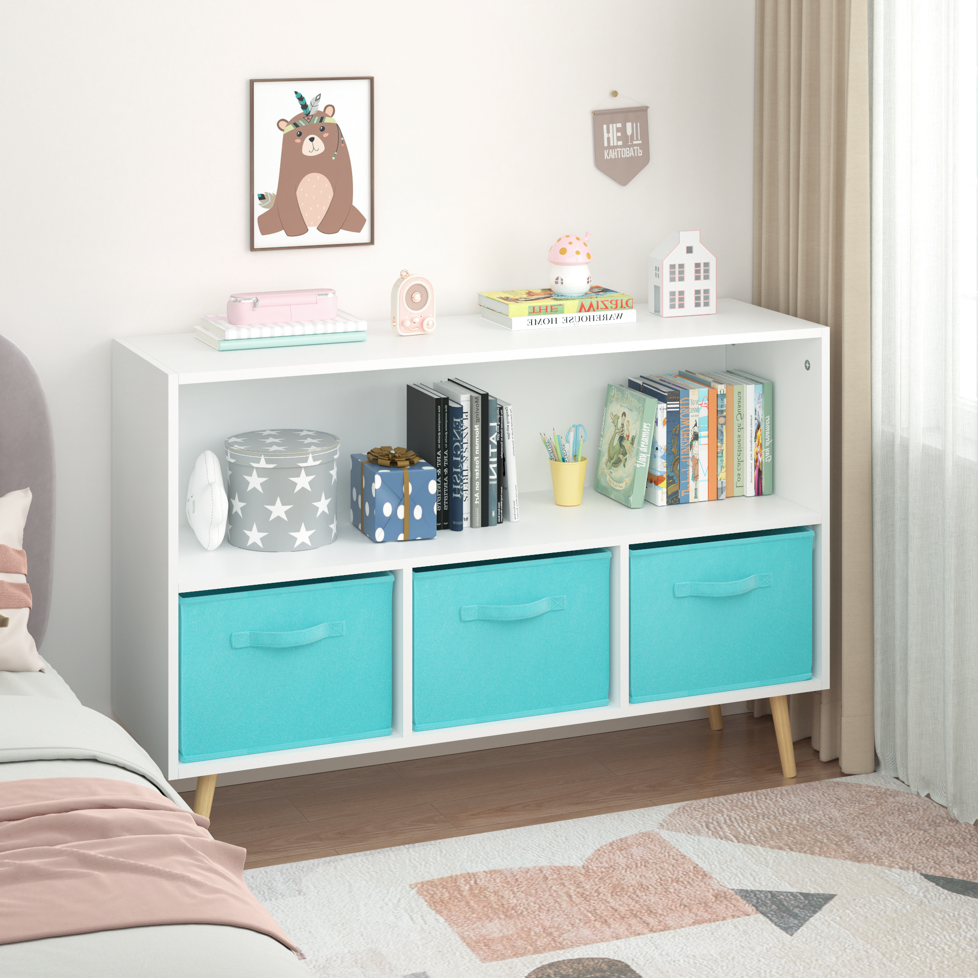 Kids bookcase with Collapsible Fabric Drawers, Children's Book Display, Toy Storage Cabinet Organizer, White/Blue | Premium H