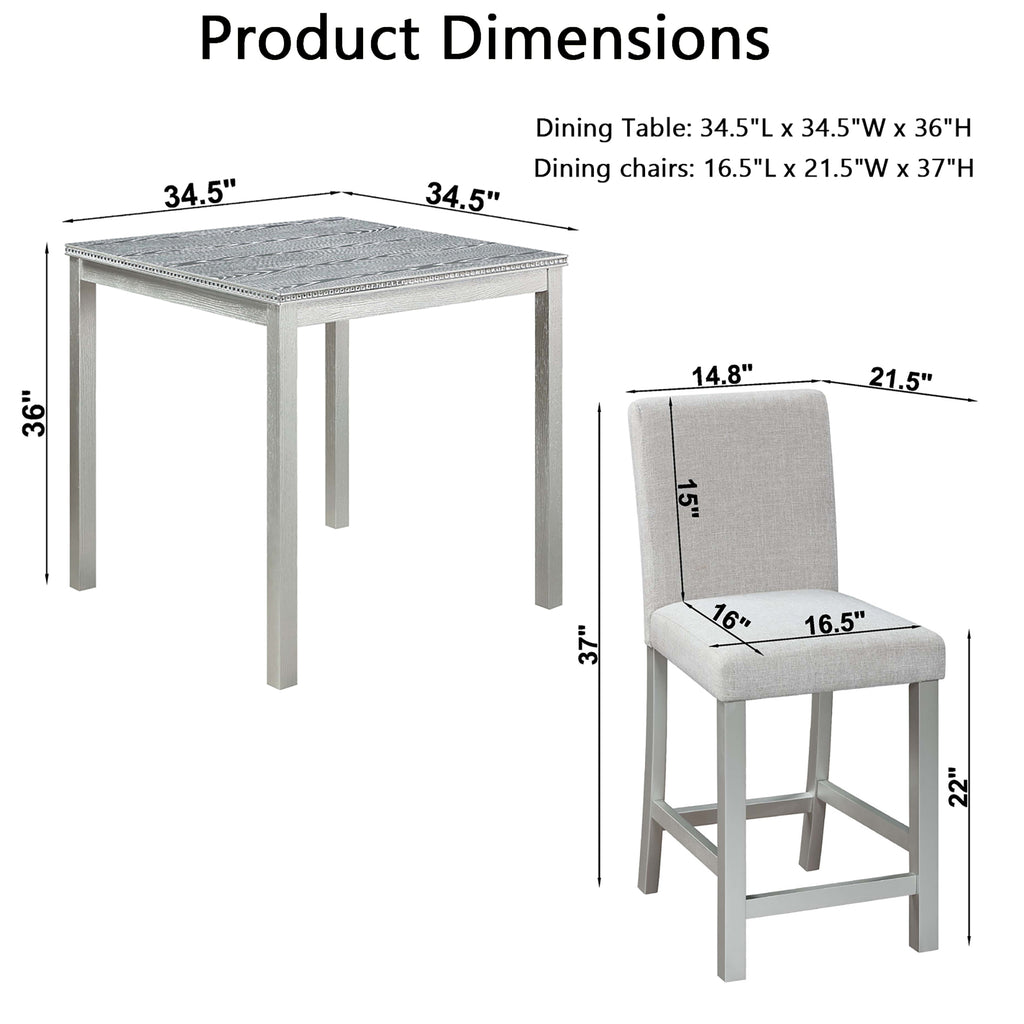 5 Piece Counter Height Table Set, Wooden Kitchen Table Set with Square Table and 4 Upholstered Chairs, Counter Height Dining Table with Crystal Decoration and Chair Set, Silver Grey - Grand Goldman Shop