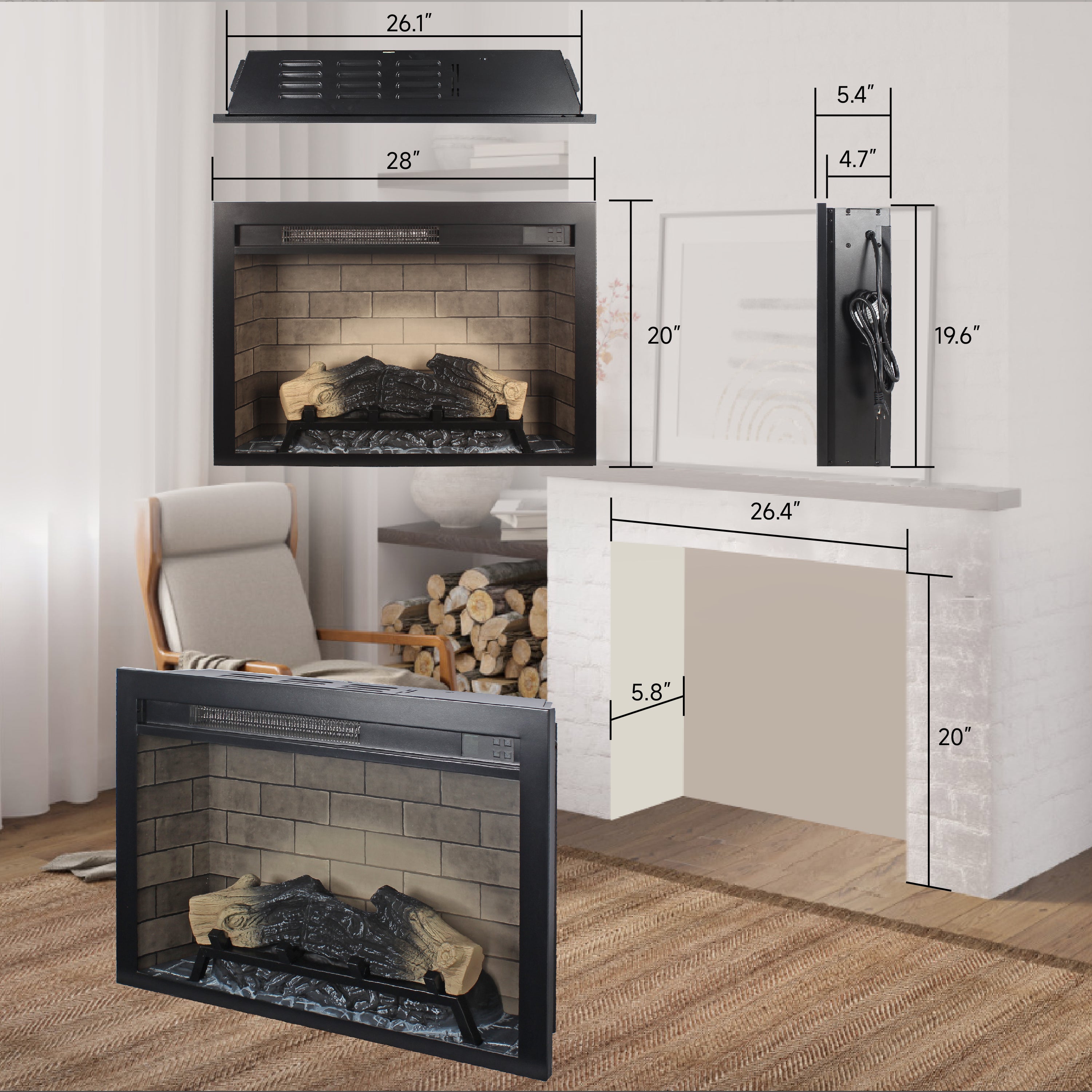 28 inch  Electric Fireplace Insert, multicolored flames - Grand Goldman Shop