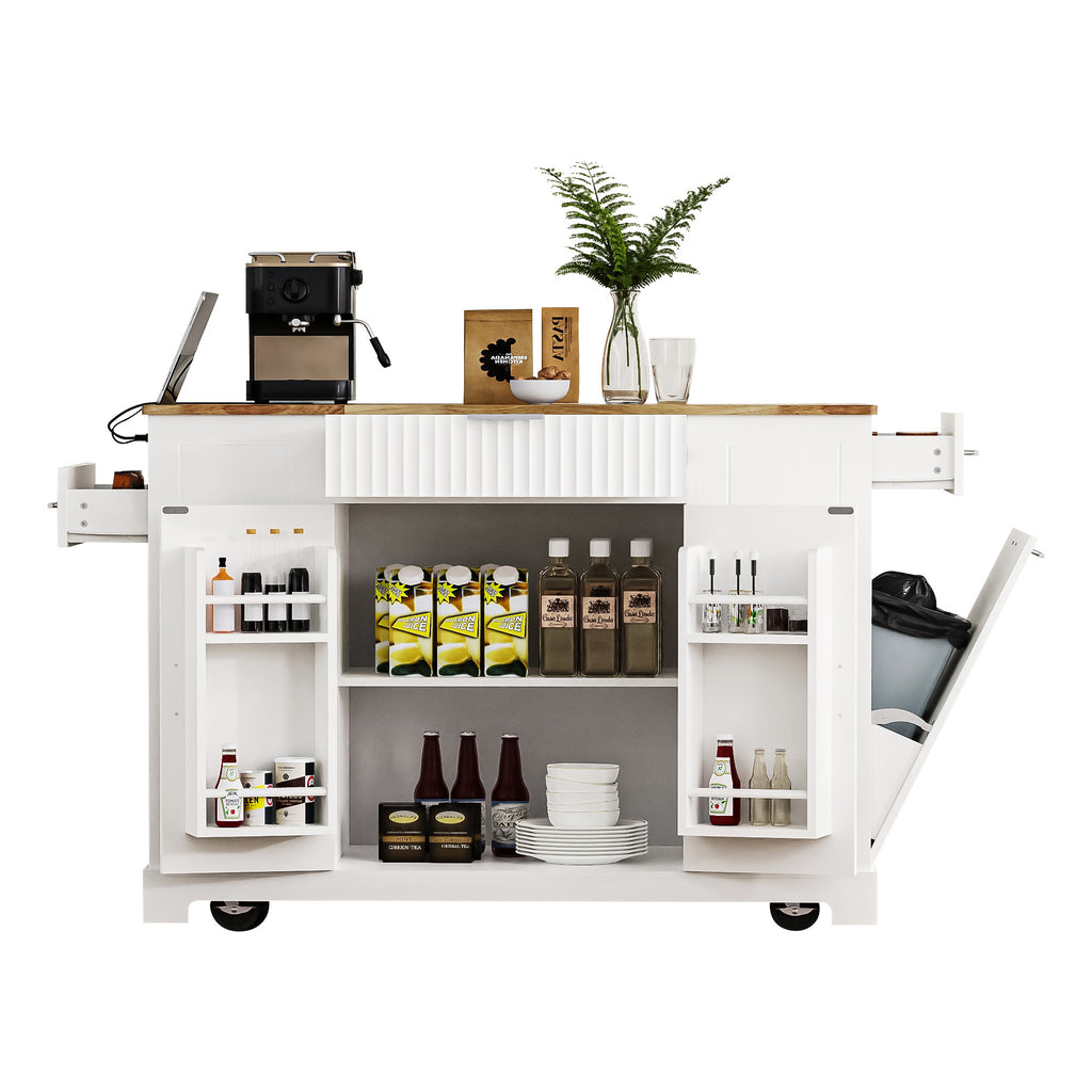 K&K Fluted Kitchen Island with Trash Can Storage Cabinet, Power Outlet, Internal Storage Rack, Rolling Kitchen Islands on 5 Wheels with 3 Drawer, 3 Open Side Racks for 10 Gallon Garbage Bin, White - Grand Goldman Shop