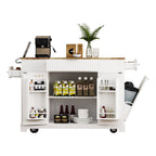 K&K Fluted Kitchen Island with Trash Can Storage Cabinet, Power Outlet, Internal Storage Rack, Rolling Kitchen Islands on 5 Wheels with 3 Drawer, 3 Open Side Racks for 10 Gallon Garbage Bin, White - Grand Goldman Shop