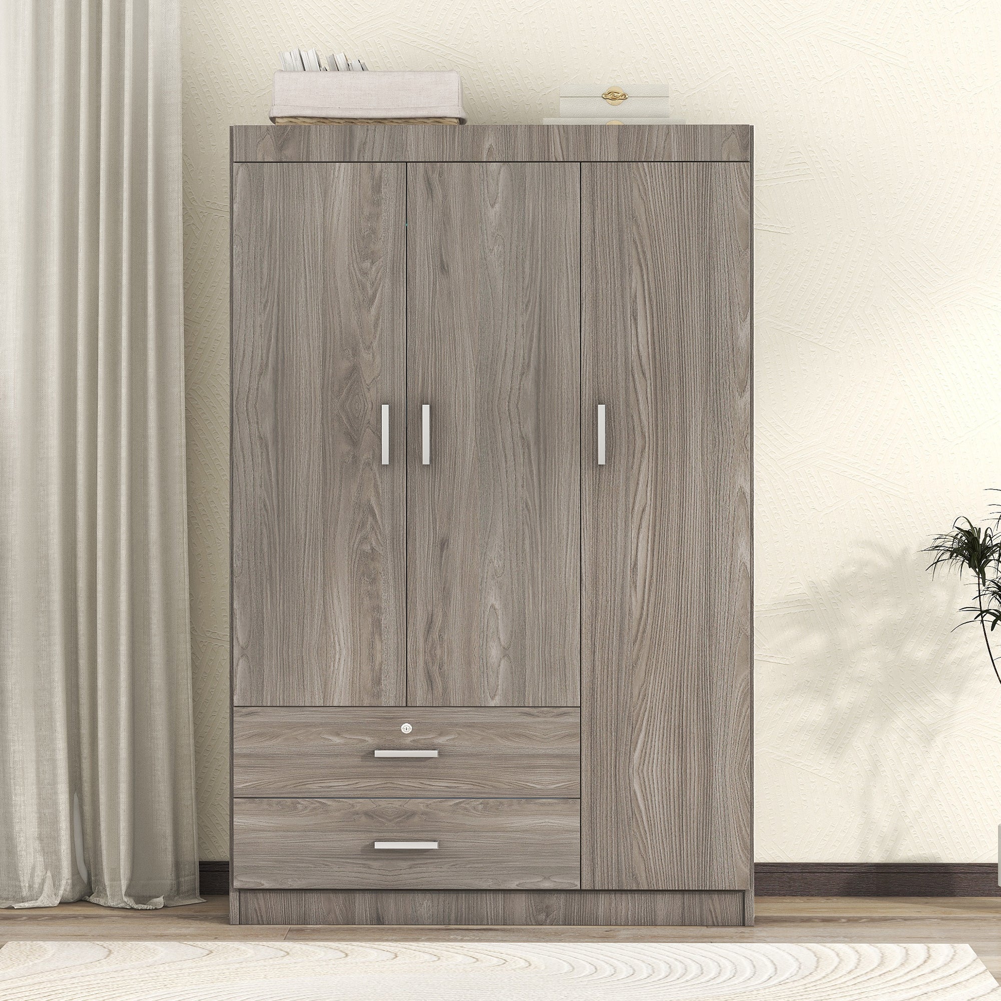 3-Door Wardrobe with 2 Drawers, Wood Grain Effect in Gray(OLD SKU:LP006001) - Grand Goldman Shop
