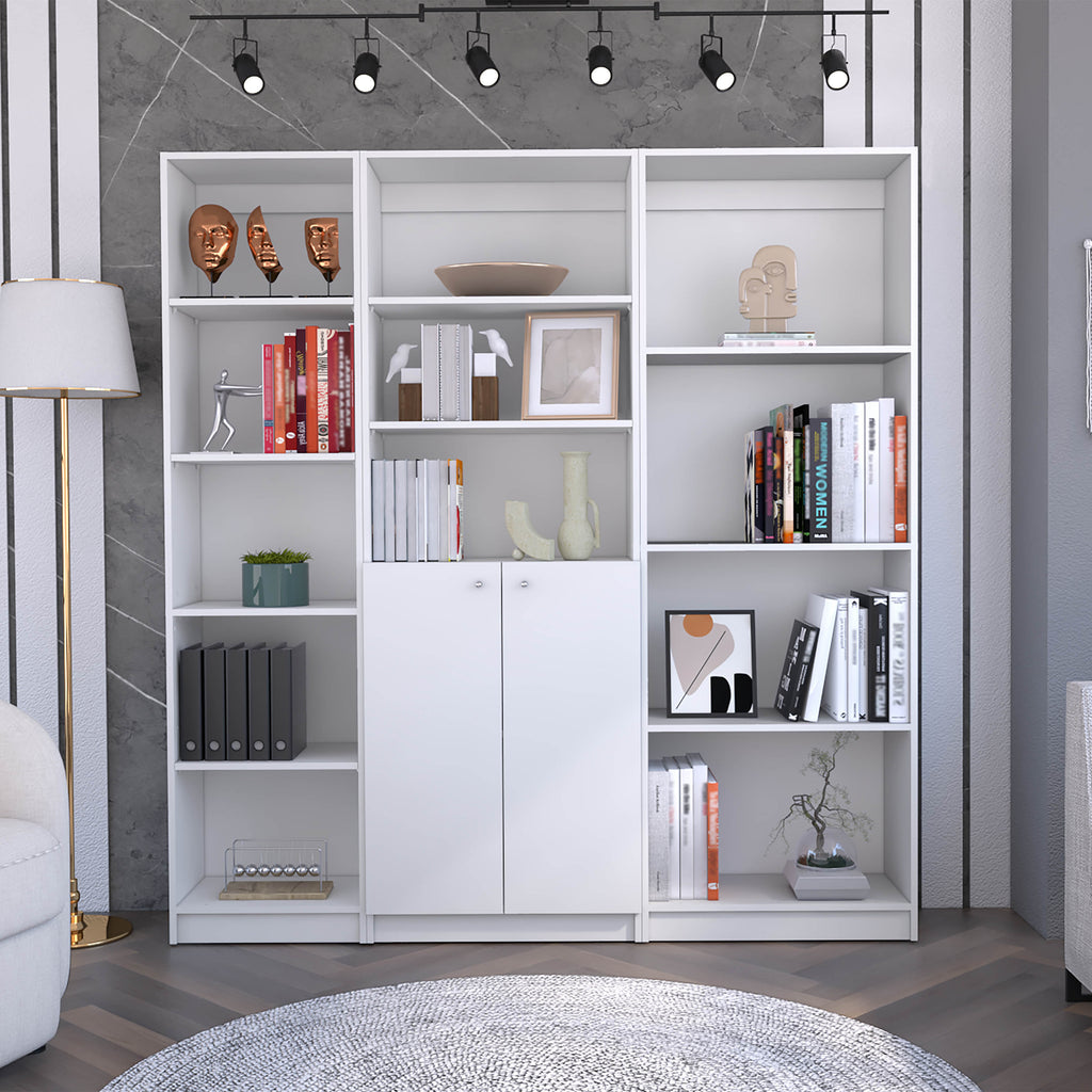 Poole 3 Piece Home Bookcase set, 67' Wide with 12 Shelves and 2-door Cabinet ,  Living Room Set  White | Premium Home Decor -