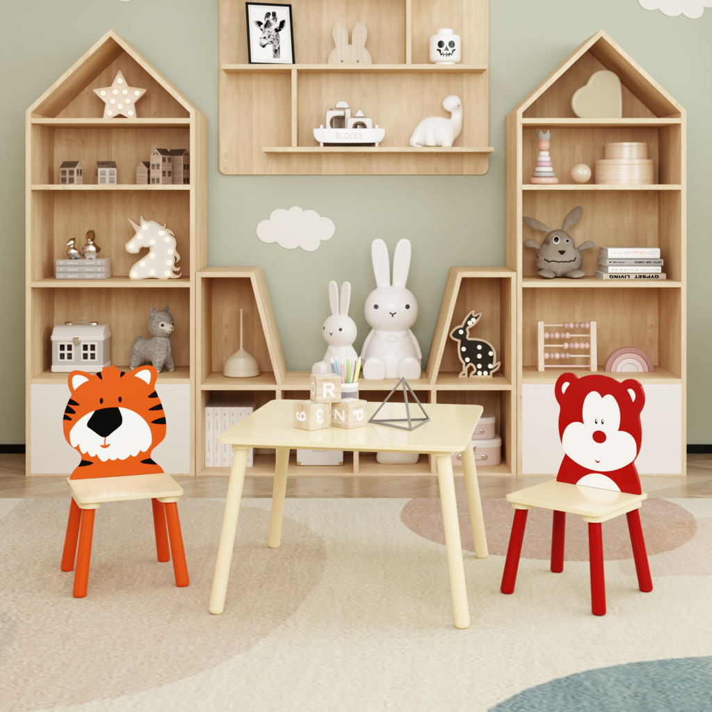 Kids Table and 2 Chairs Set, Wooden Activity Play Table Set with Bear & Tiger Design in White & Orange, Solid Wood and MDF Co