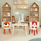 Kids Table and 2 Chairs Set, Wooden Activity Play Table Set with Bear & Tiger Design in White & Orange, Solid Wood and MDF Co