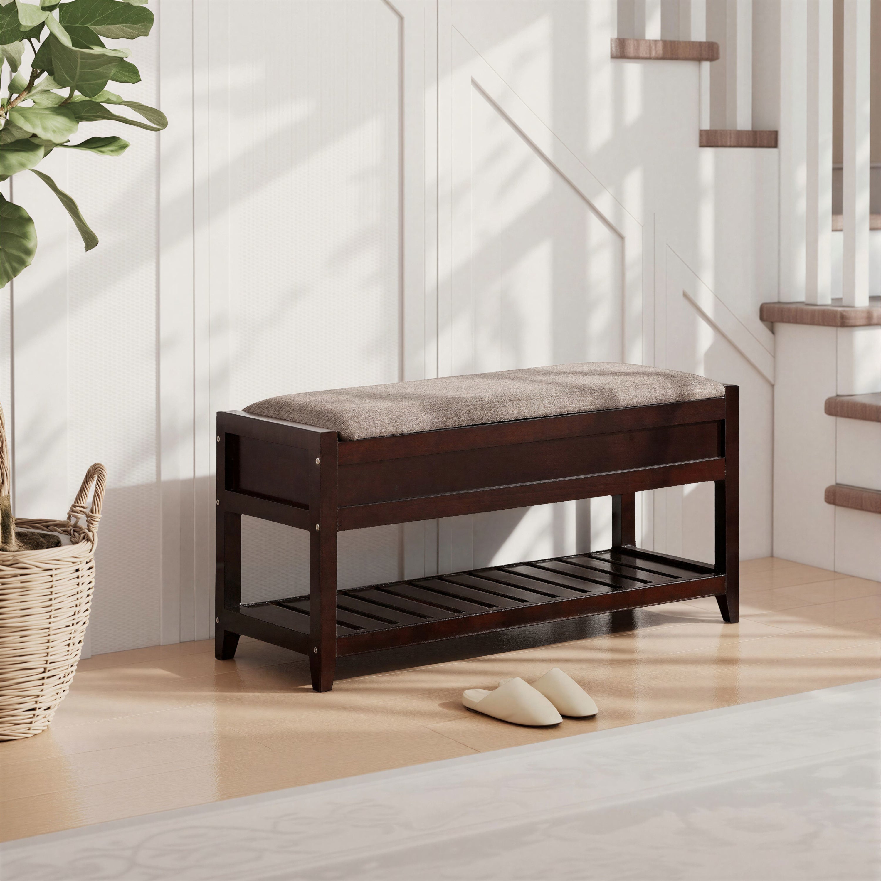 Rouen Seating Bench with Shoe Storage, Espresso - Grand Goldman Shop