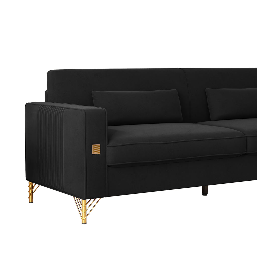 FX-P18-BK(sofa)Luxury Velvet Sofa with Gold Accents - Modern 3-Seat Couch with Plush Cushions, Perfect for Living Room and Office Decor - Grand Goldman Shop