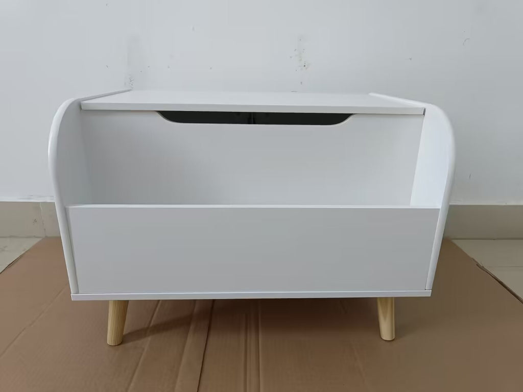 Wooden Toy Box with Front Bookshelf, Flip-Top Lid, Safety Hinge for Kids Room Organization in White, Solid Wood & MDF Constru