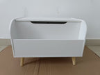 Wooden Toy Box with Front Bookshelf, Flip-Top Lid, Safety Hinge for Kids Room Organization in White, Solid Wood & MDF Constru
