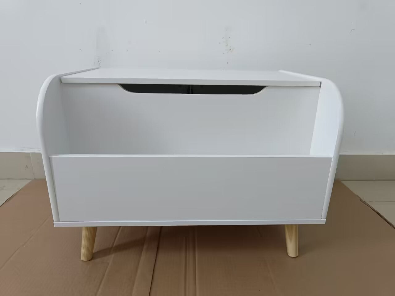 Wooden Toy Box with Front Bookshelf, Flip-Top Lid, Safety Hinge for Kids Room Organization in White, Solid Wood & MDF Constru