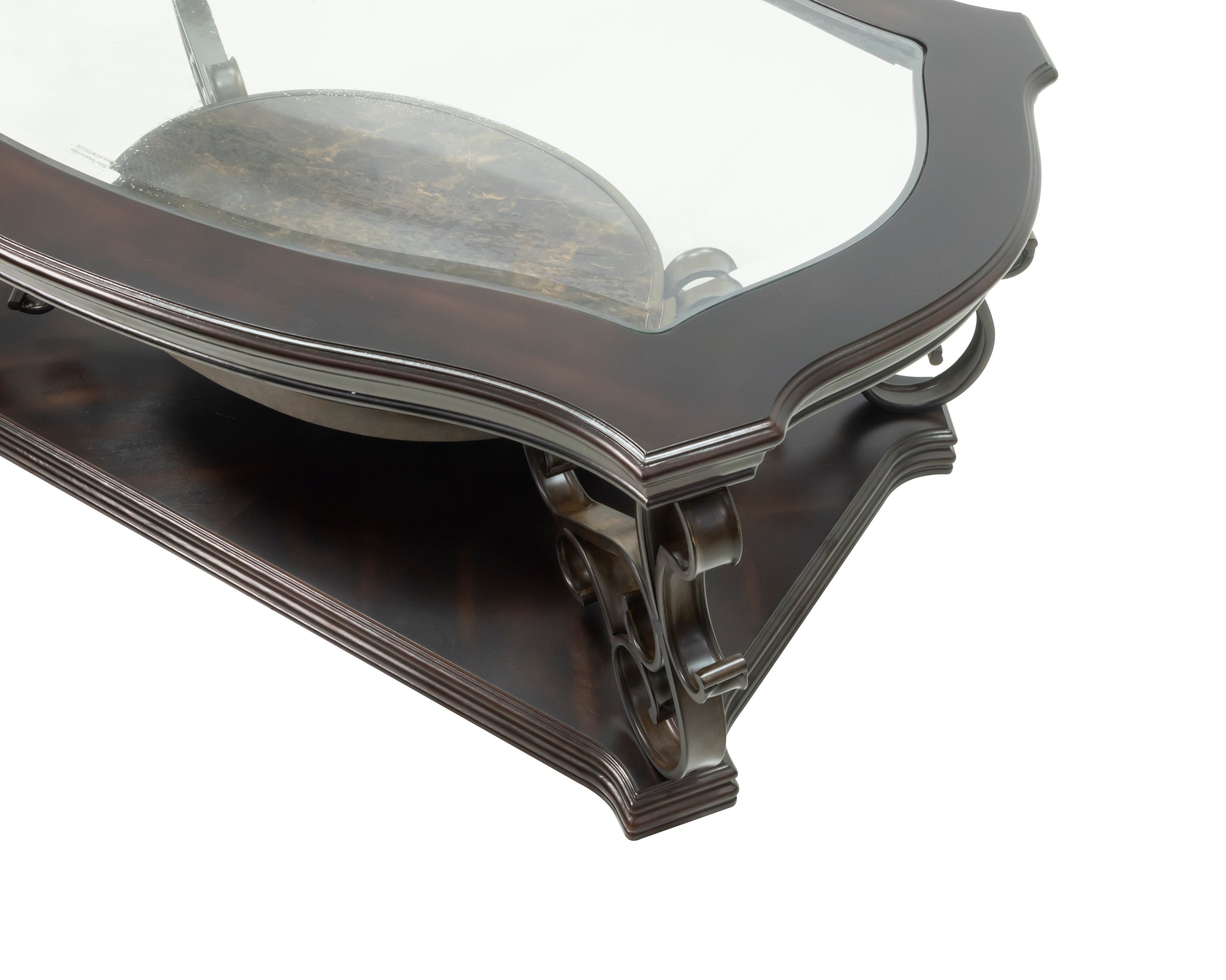 Cocktail Table, Glass table top, MDF W/marble paper middle shelf, powder coat finish metal legs. (52'Lx32'Wx20.3'H) - Grand Goldman Shop