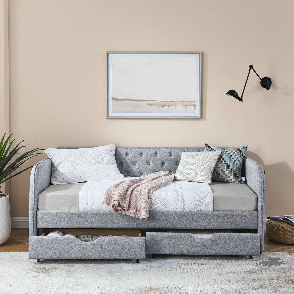 Linen Grey Mid-Century Style Twin Daybed with Trundle and Storage Drawers, Flat Arms with Pocket, Extendable for Bedroom or Living Room - Grand Goldman Shop
