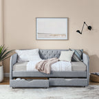 Linen Grey Mid-Century Style Twin Daybed with Trundle and Storage Drawers, Flat Arms with Pocket, Extendable for Bedroom or Living Room - Grand Goldman Shop