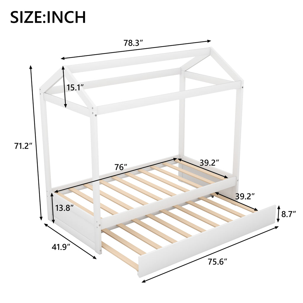 House Bed with Trundle in White, Pine Wood and MDF, Twin Size, Pre-Drilled Holes for Easy Assembly - Grand Goldman Shop