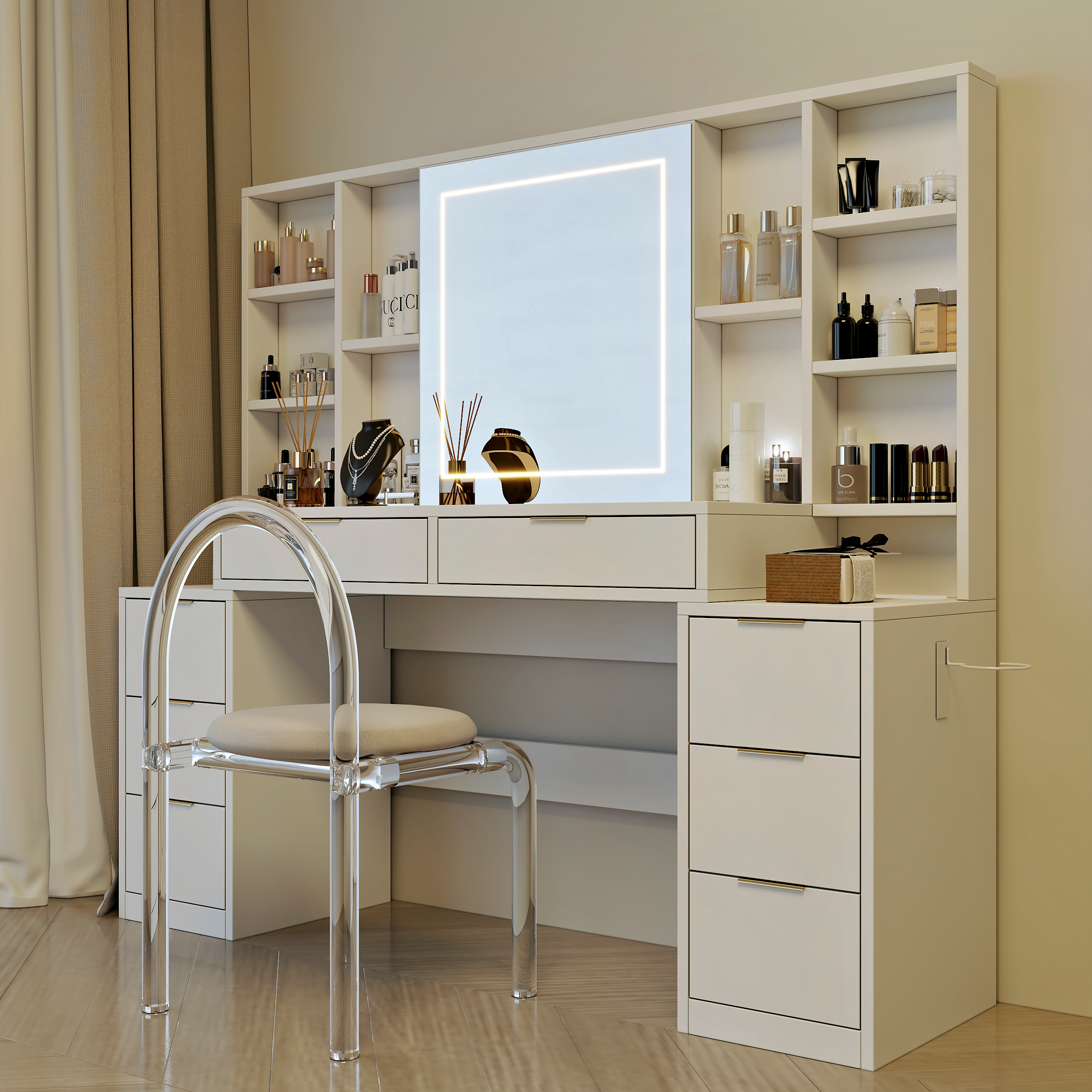 Makeup Vanity Desk with Mirror and Lights, 59' Large Vanity Table with 8Drawers & Open Storage Shelves, Brightness Adjustable, Dressing Table for Bedroom, Women and Girl - Grand Goldman Shop