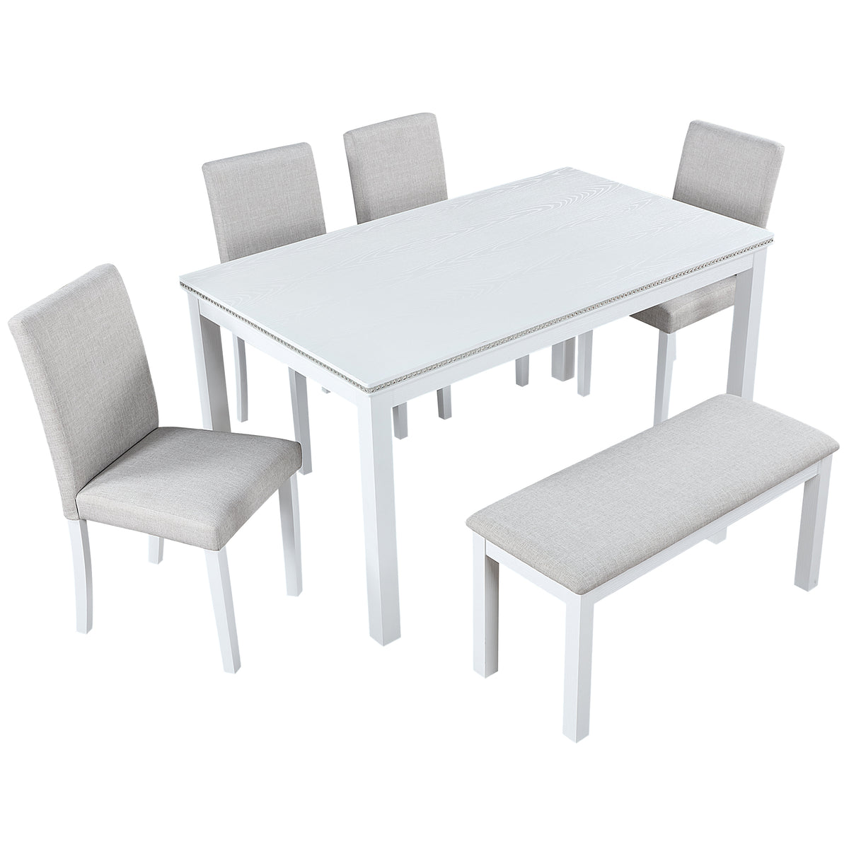 6 Piece Wooden Dining Table Set, Wooden Dining Table with 4 Upholstered Chairs and Bench for 6 People, Rectangular Dining Table Set with Crystal Decoration for Kitchen, Dining Room, White - Grand Goldman Shop