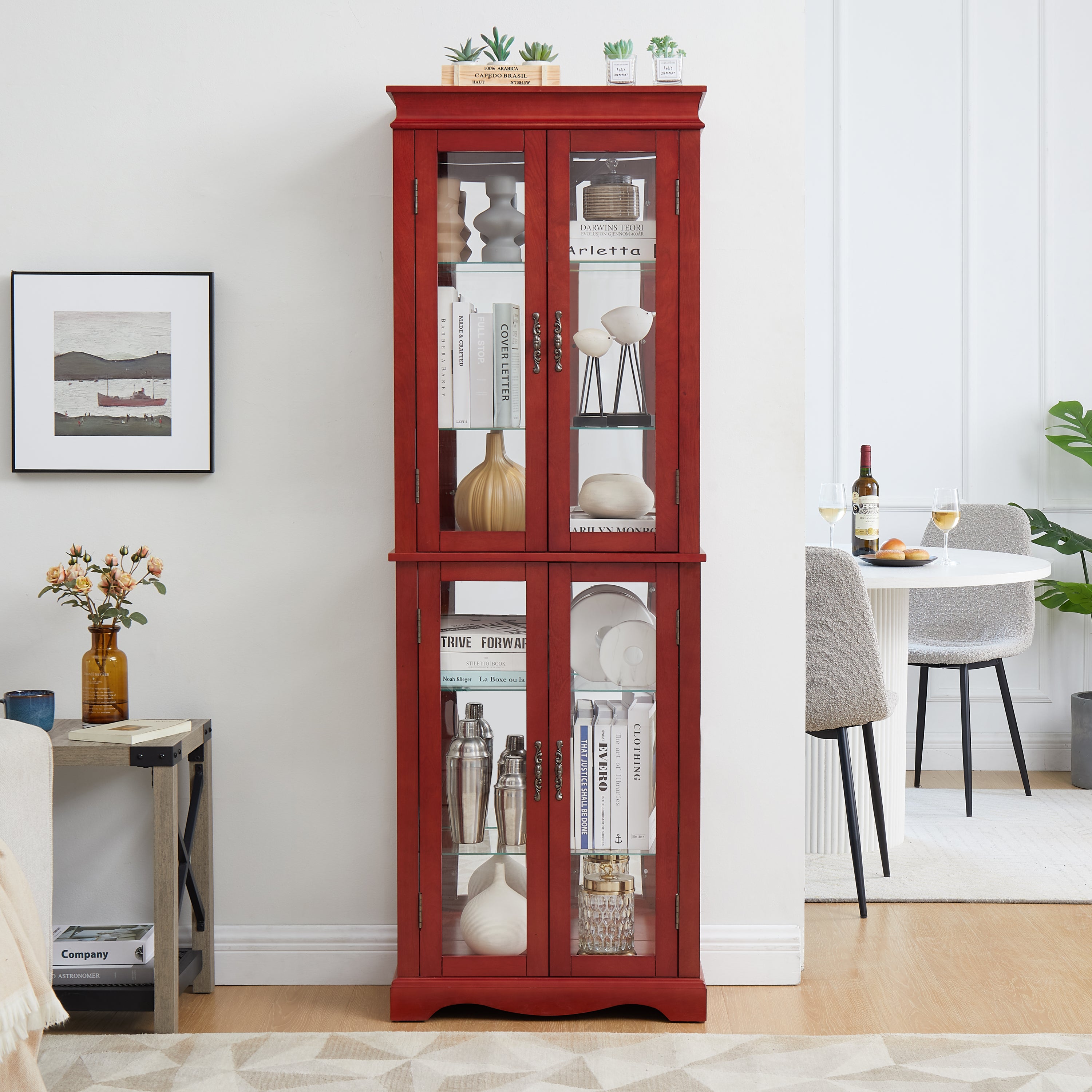 Lighted Glass Curio Display Cabinet,Display Cabinet,Glass Storage Cabinet Glass Wine cabinet Wood Frame Toy Display for Living Room, Kitchen, Pantry light bulb included Cherry - Grand Goldman Shop