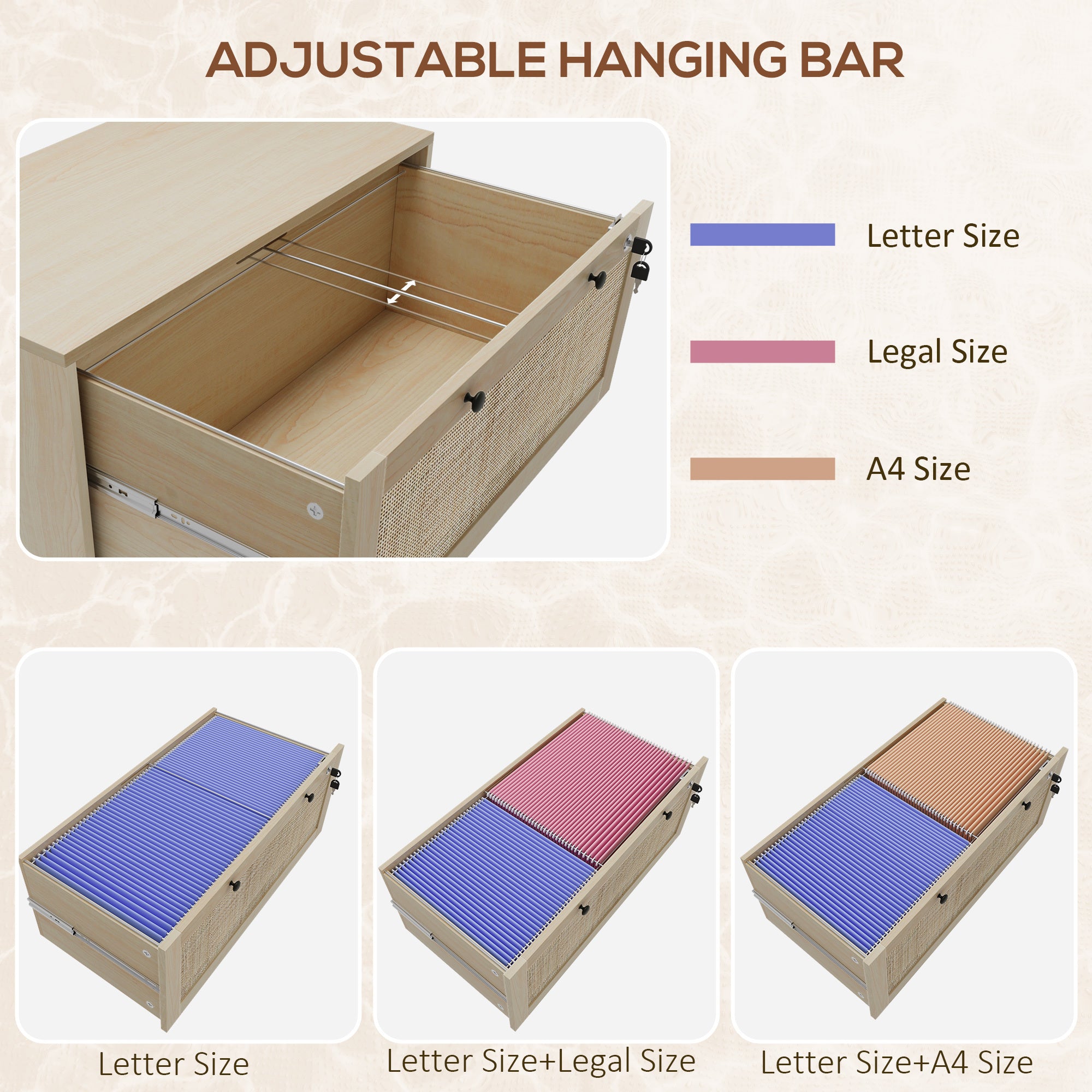 Vinsetto 2 Drawer File Cabinet with Lock, Vertical Filing Cabinet with Keys, Rattan Drawers and Adjustable Hanging Bar for Le