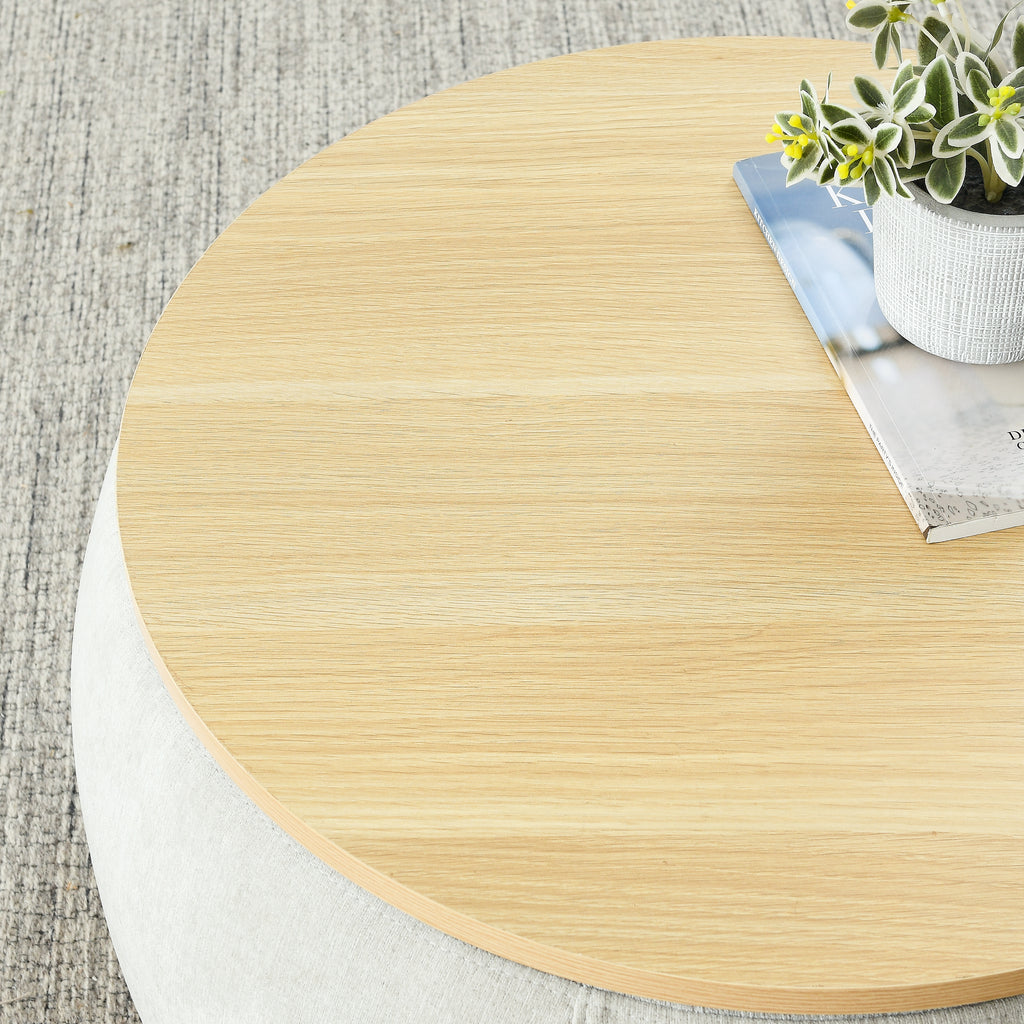 Light Grey Round Storage Ottoman, 2 in 1 Function End Table and Ottoman with Small Seat, Eucalyptus Wood and Foam - Grand Goldman Shop
