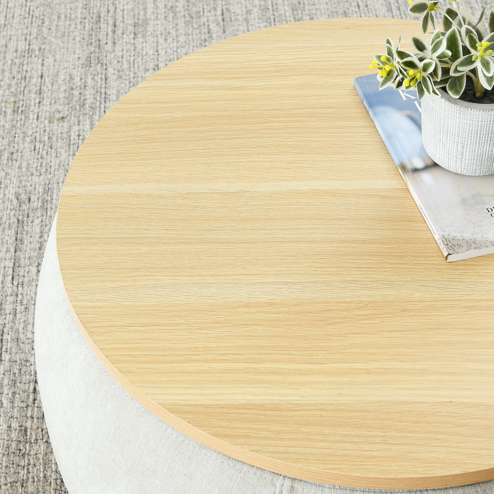 Light Grey Round Storage Ottoman, 2 in 1 Function End Table and Ottoman with Small Seat, Eucalyptus Wood and Foam - Grand Goldman Shop