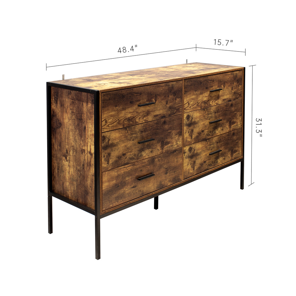 Industrial Style 6 Drawer Double Dresser,Rustic Brown Wood Storage Dresser Clothes Organizer with Sturdy Steel Frame, Chest with 6 Drawer, Storage Cabinet for Bedroom, Living Room - Grand Goldman Shop