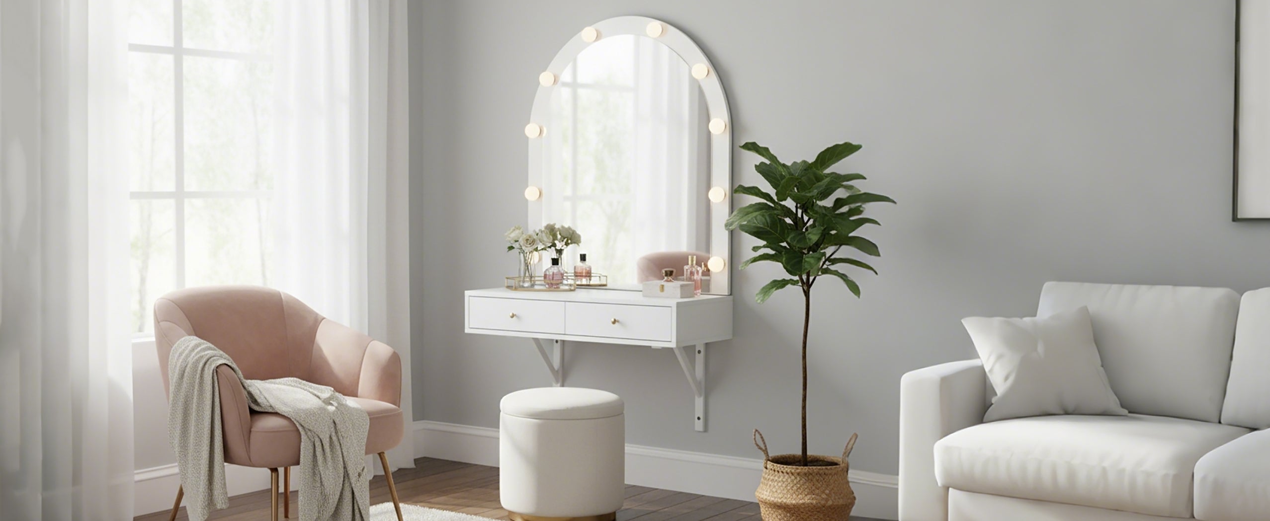 Floating Makeup Vanity Desk with Mirror & 3-Color Lights, Wall Dressing Table with Power Outlet, Compact vanity, Large Storage, White - Grand Goldman Shop