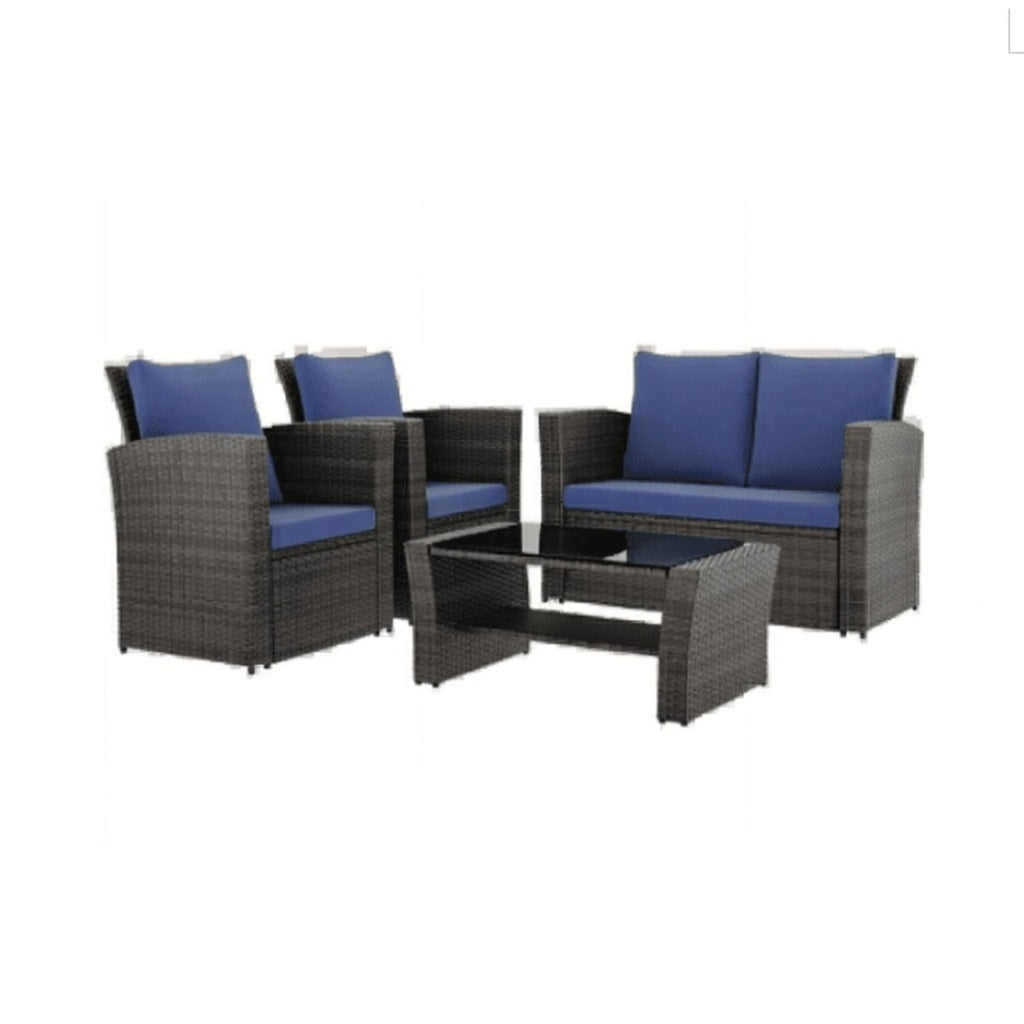Modernes 4-teiliges Terrassenmöbelset aus Polyrattan mit Tisch aus gehärtetem Glas und blauen Kissen in Schwarzbraun