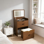 3-in-1 Vanity Desk with Flip Top Lighted Mirror & Storage Stool, Compact Makeup Dressing Table in Walnut Finish, 23.62L - Grand Goldman Shop