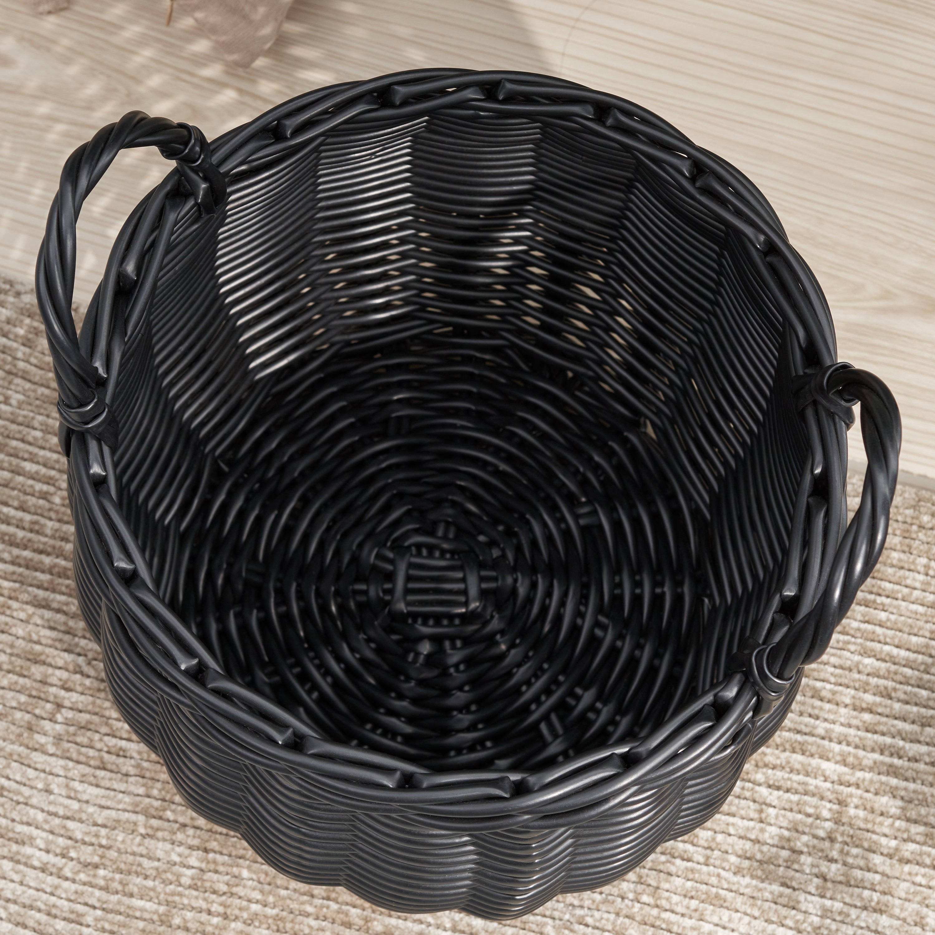 Lucius Round Resin Woven Wicker Basket with Handles - 13' x 13' x 10.2' - Black - For Clothes, Towels, Toys, Magazines Storage and Home Decoration - Grand Goldman Shop