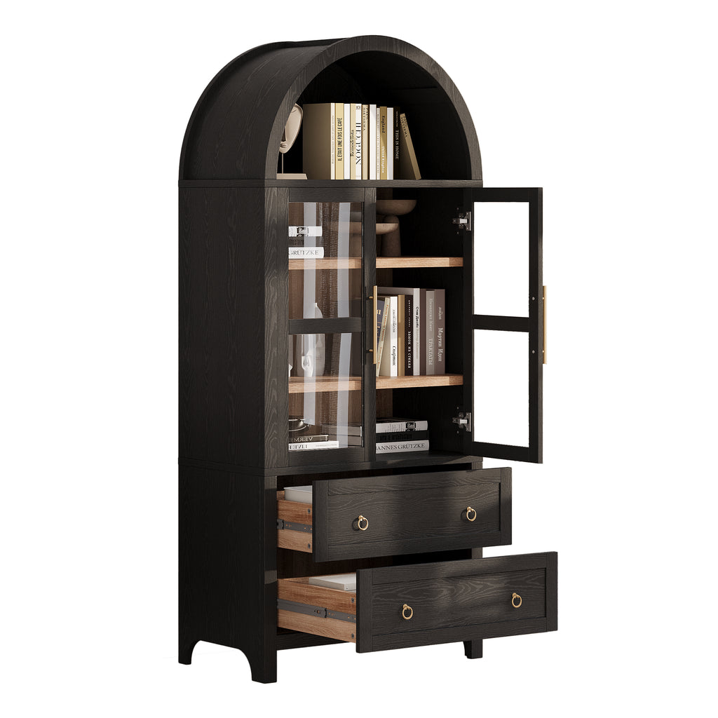 K&K 71' Tall Arched Kitchen Pantry Cabinet with 2 Large Drawers, Modern Farmhouse Kitchen Storage Cabinets with Adjustable Shelves, Glass Door, Wood Versatile Cupboard for Kitchens, Dining Room, Black - Grand Goldman Shop