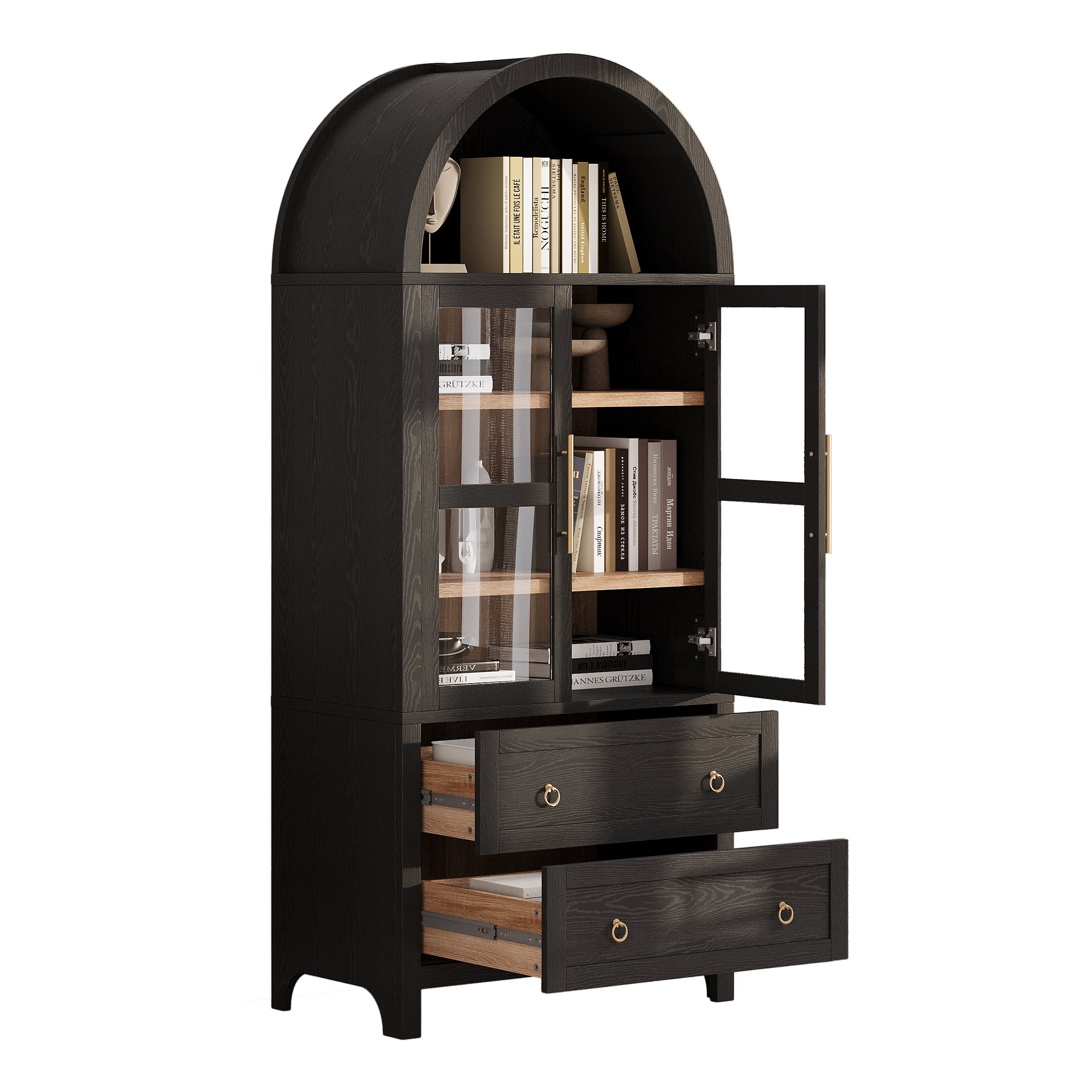 K&K 71' Tall Arched Kitchen Pantry Cabinet with 2 Large Drawers, Modern Farmhouse Kitchen Storage Cabinets with Adjustable Shelves, Glass Door, Wood Versatile Cupboard for Kitchens, Dining Room, Black - Grand Goldman Shop
