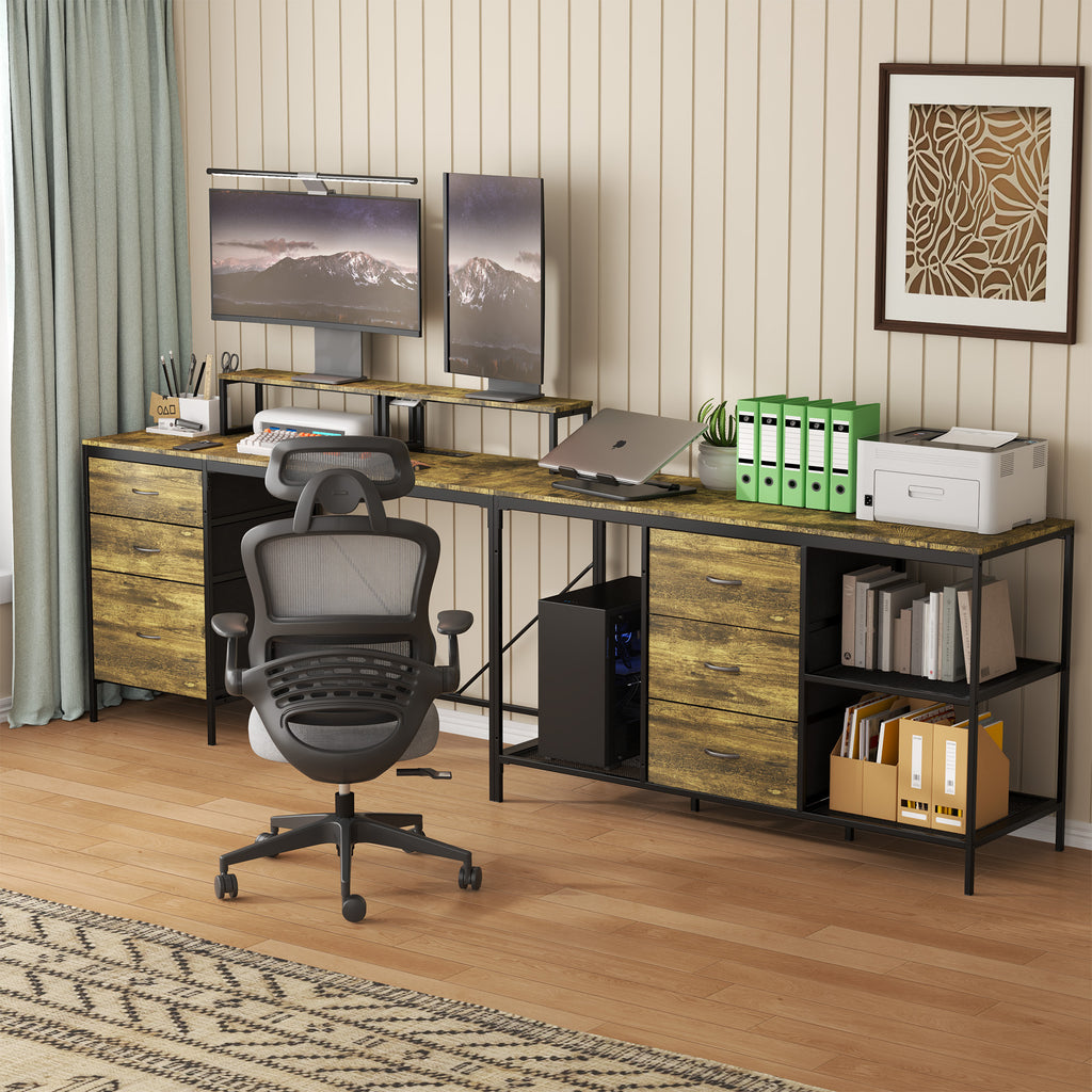 Industrial L-Shaped Computer Desk with Power Outlets & USB-C, Rustic Brown Metal Frame, 6 Fabric Drawers, 3 Open Shelves, Mov