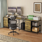 Industrial L-Shaped Computer Desk with Power Outlets & USB-C, Rustic Brown Metal Frame, 6 Fabric Drawers, 3 Open Shelves, Mov