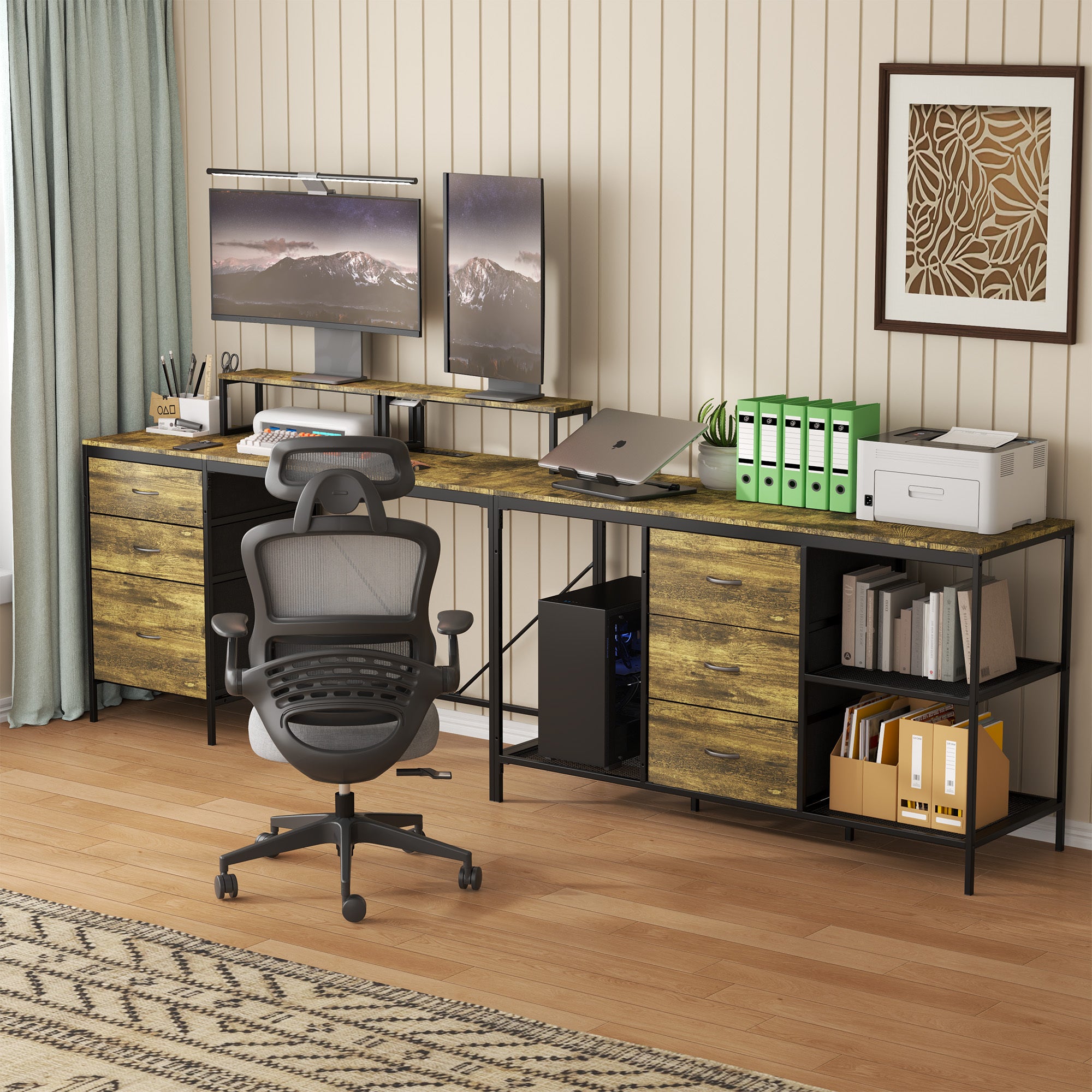 Industrial L-Shaped Computer Desk with Power Outlets & USB-C, Rustic Brown Metal Frame, 6 Fabric Drawers, 3 Open Shelves, Mov