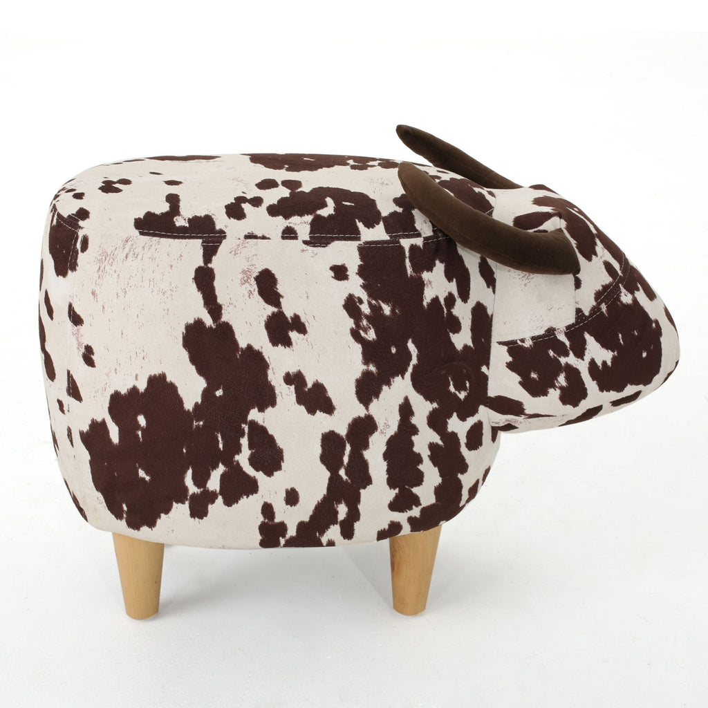 Cow-Shaped Modern Ottoman Footstool in Brown and White Fabric with Velvet Horns, Birch Legs, 25.25 x 14.00 x 16.75 inches - Grand Goldman Shop
