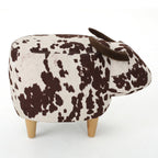 Cow-Shaped Modern Ottoman Footstool in Brown and White Fabric with Velvet Horns, Birch Legs, 25.25 x 14.00 x 16.75 inches - Grand Goldman Shop
