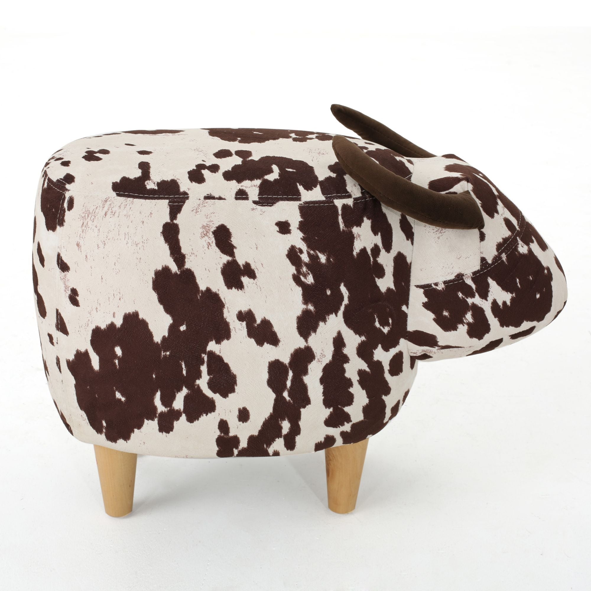 Cow-Shaped Modern Ottoman Footstool in Brown and White Fabric with Velvet Horns, Birch Legs, 25.25 x 14.00 x 16.75 inches - Grand Goldman Shop