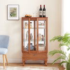 Lighted Glass Cabinet Glass Wine Cabinet Curio Display Cabinet with Adjustable Glass Shelves 2 Doors and 1 drawer Cabinet Bulb Included OAK - Grand Goldman Shop