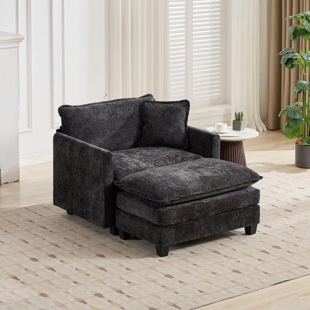 Cloud Sofa Ottoman only, Modern Sectional Couch, for Living Room Bedroom and Apartment, Comfy Double Layer Upholstered Seat Cushion, Breathable Chenille Fabric, Black - Grand Goldman Shop