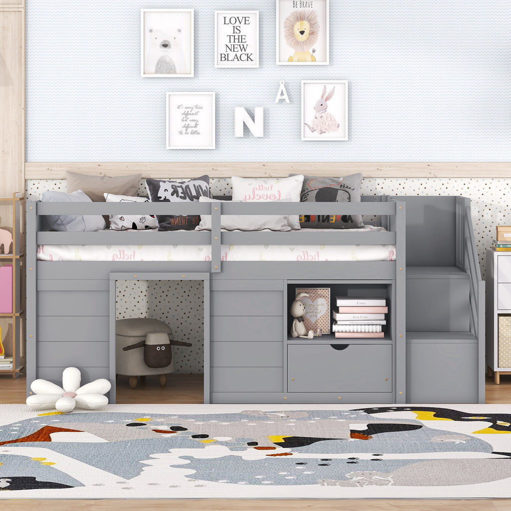 Solid Pine Wood Twin Low Loft Bed with Stair, Drawer, and Shelf in Grey Finish - Grand Goldman Shop