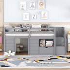 Solid Pine Wood Twin Low Loft Bed with Stair, Drawer, and Shelf in Grey Finish - Grand Goldman Shop