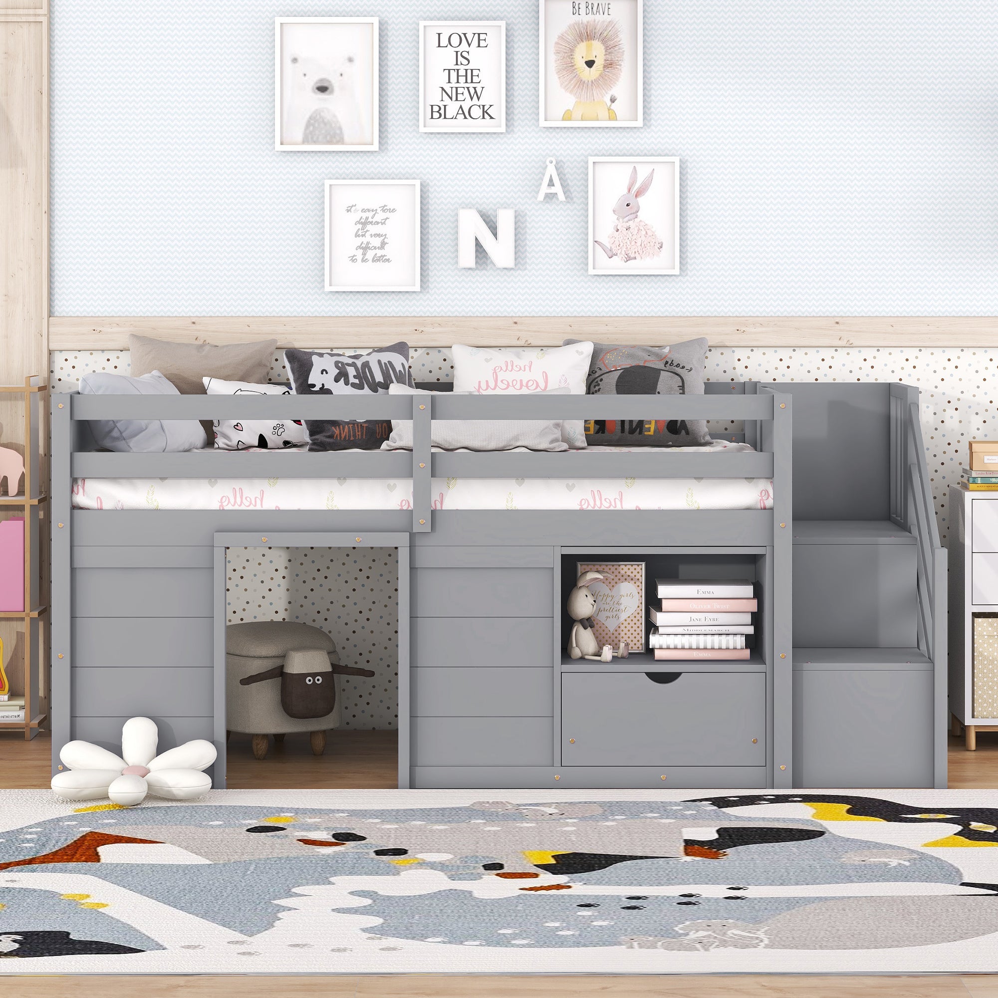 Solid Pine Wood Twin Low Loft Bed with Stair, Drawer, and Shelf in Grey Finish - Grand Goldman Shop