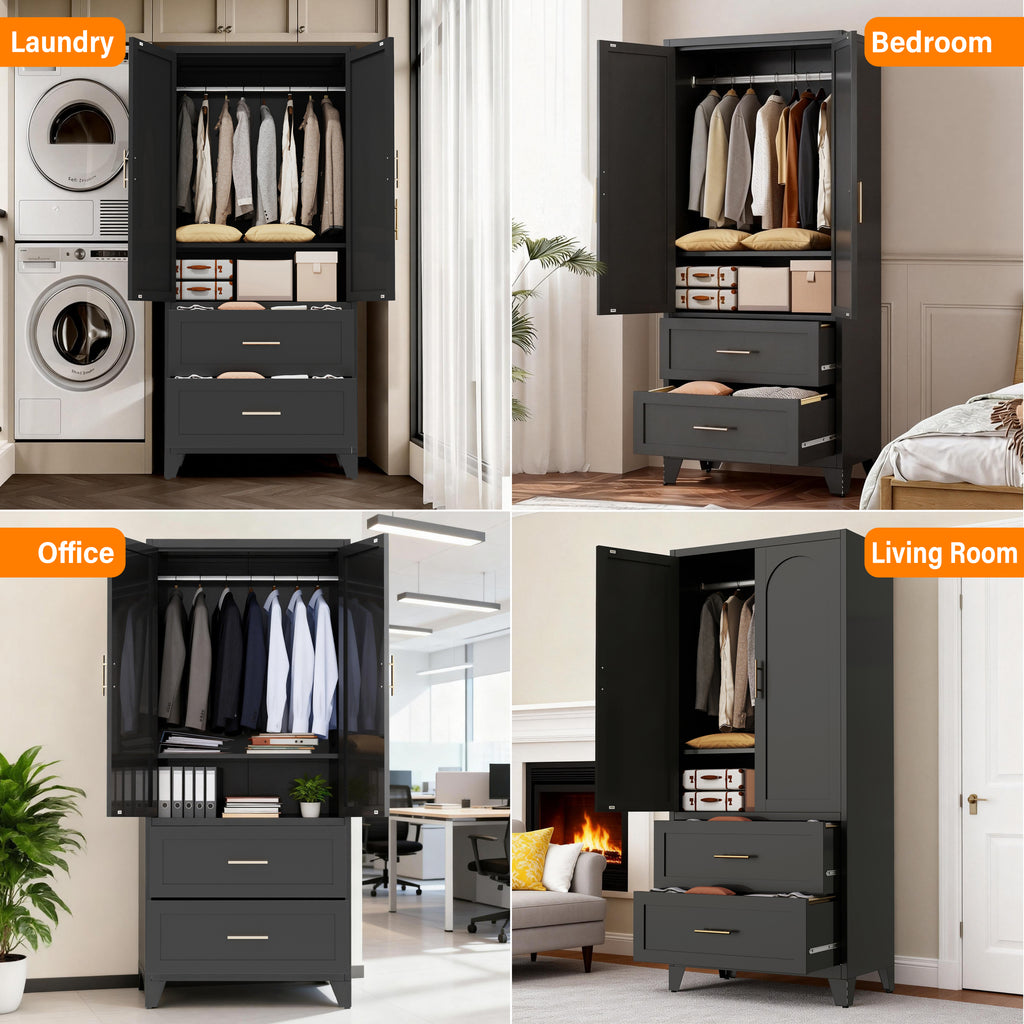 71' Tall Metal Wardrobe Cabinet with 2 Drawers and Hanging Rod, 2 Doors Wardrobe Closet with Shelf for Bedroom, Office, Laundry Room,Entryway ,Foyer,Guesthouse (Black) - Grand Goldman Shop