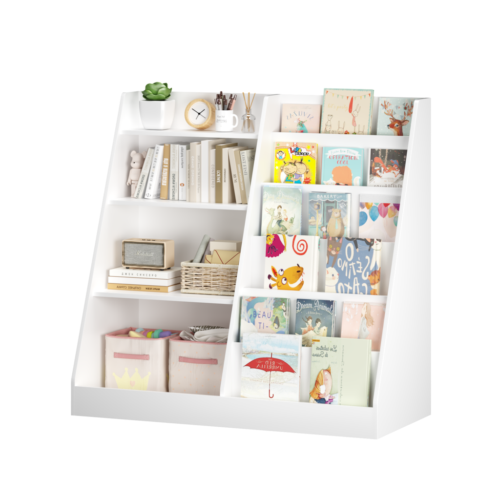New Kids Bookshelf and Toy Storage Organizer, Multifunctional 4 Tier Wooden Kids Book Shelf with  Bookcase Display Stand in K