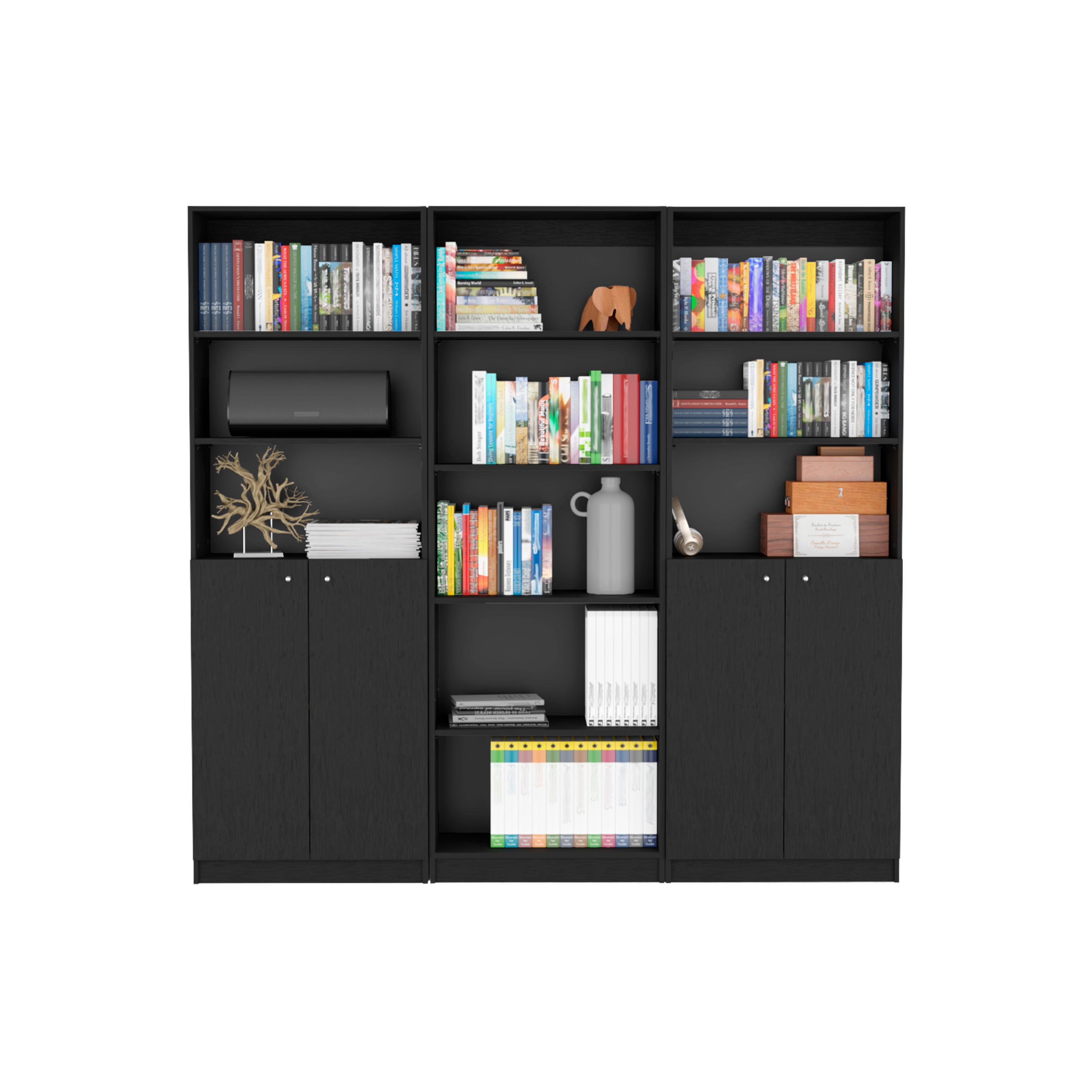Stylish Arbor 3 Piece Home Bookcase set, 74' Wide with 11 Shelves and Two Double-Door Cabinet ,  Living Room Set Set  Black -