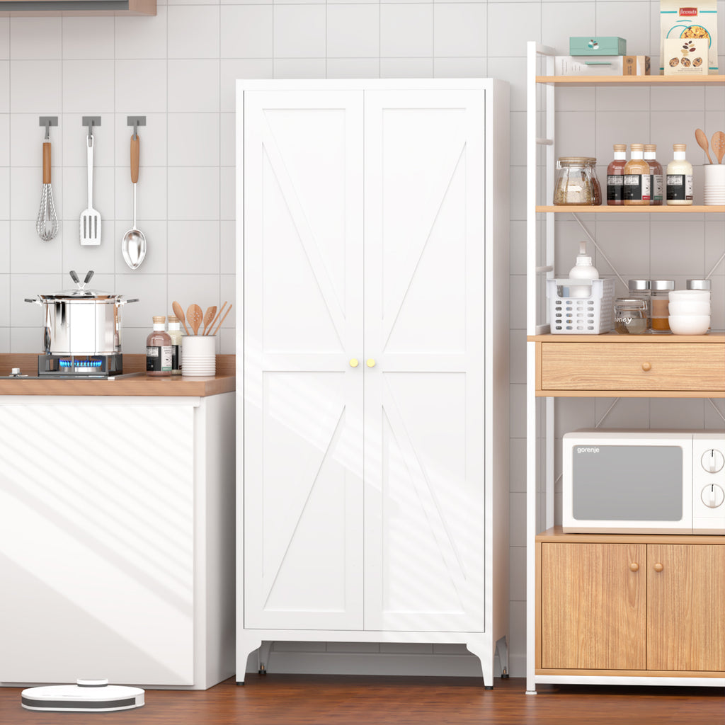 White Metal Adjustable 2-Door Storage Cabinet with Powder-Coated Steel, Striped Design, Gold Handles, 4 Adjustable Shelves fo