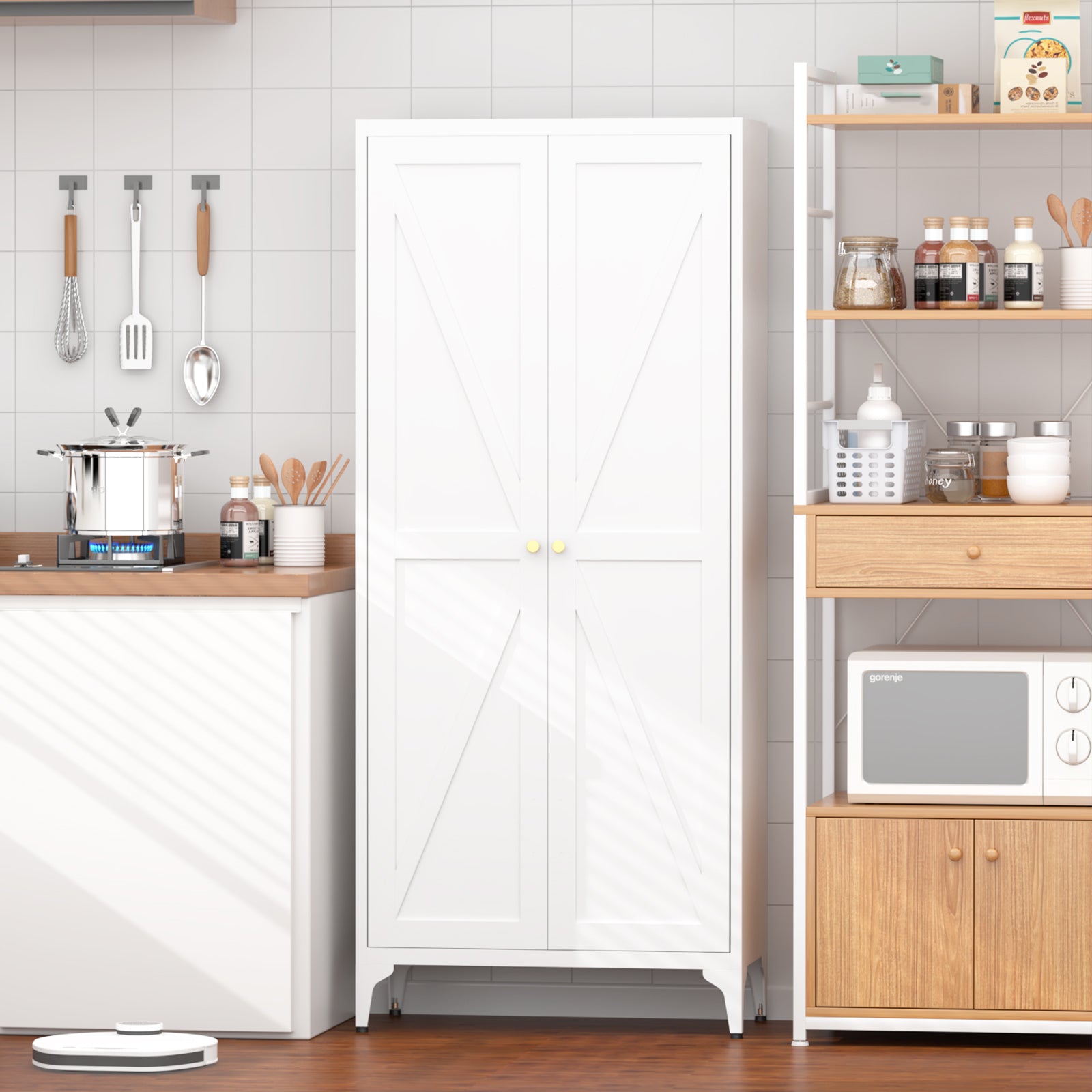 White Metal Adjustable 2-Door Storage Cabinet with Powder-Coated Steel, Striped Design, Gold Handles, 4 Adjustable Shelves fo