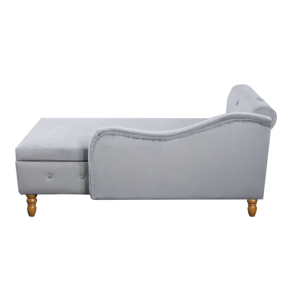 Grey Chaise Lounge Indoor, Velvet Lounge Chair for Bedroom with Storage & Pillow, Modern Upholstered Rolled Arm Chase Lounge for Sleeping with Nailhead Trim for Living Room Bedroom Office - Grand Goldman Shop