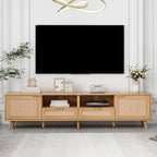 Modern Farmhouse Rattan TV Stand for TVs up to 85'', Solid Wood Legs, Media Console with MDF Board, Living Room Entertainment Center in Wood Finish - Grand Goldman Shop